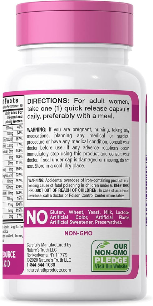 Nature's Truth Prenatal Vitamins with Folic Acid, 60 Capsules, Non-GMO & Gluten Free, Pack of 2