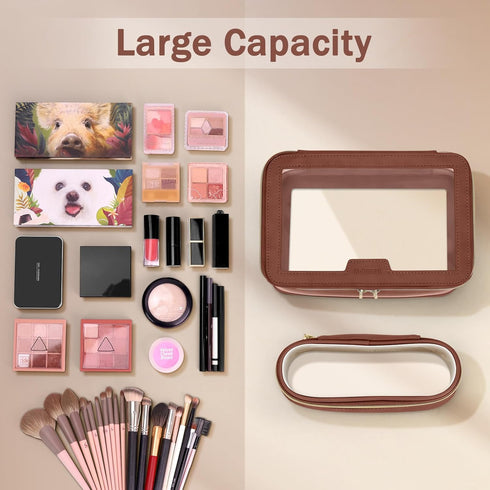 Travel Clear Makeup Bag with Brush Bag, Portable Waterproof Cosmetic Organizer Storage Bag for Women, Brown