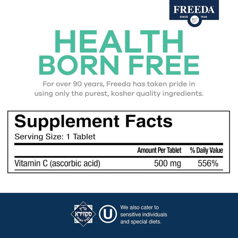 FREEDA Vitamin C - Vegan 500mg Vitamin C Tablets, Powerful Antioxidant Immune Support, Easy to Swallow, 100 Count