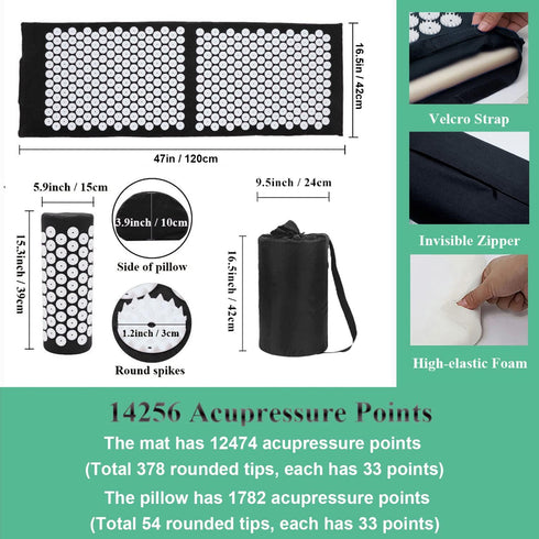 XiaoMaGe Acupressure Mat and Pillow Set - Extra Long Mat for Neck & Back Pain Relief, Black