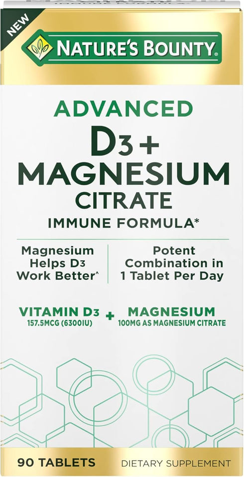Nature's Bounty Advanced Vitamin D3 with Magnesium Citrate, 90 Tablets, Supports Immune and Bone Health