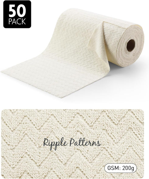 Microfiber Cleaning Cloth Roll, 50 Pack, 12" x 16", Tear Away Towels, Reusable Washable Rags (Beige Ripple)