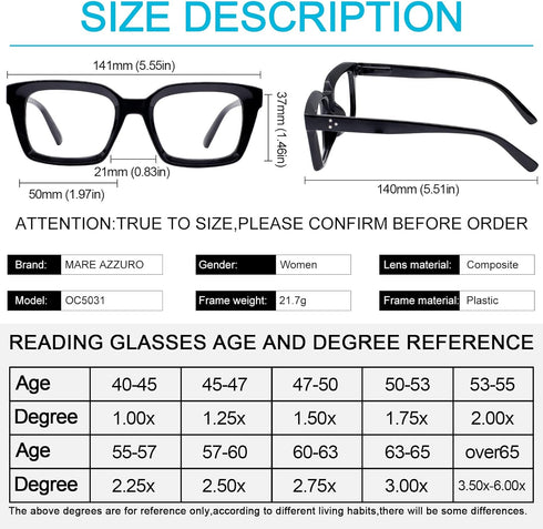 MARE AZZURO 2 Pairs Stylish Oversized Reading Glasses for Women, 1.0 1.5 2.0 2.5 3.0 3.5 (Black, 1.00)