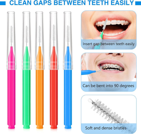 200 Pcs Interdental Brushes Braces Brush for Cleaner, 5 Colors, 5 Sizes, Soft Dental Tooth Flossing Head