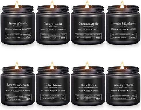Men's Aromatherapy Gift Set - 8 Scented Candles with Manly Scents (Leather, Smoke, Oak) in Black Candle Jars, Perfect