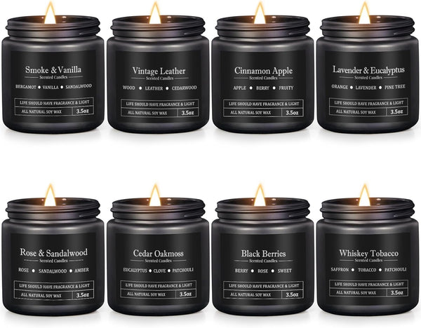 Men's Aromatherapy Gift Set - 8 Scented Candles with Manly Scents (Leather, Smoke, Oak) in Black Candle Jars, Perfect