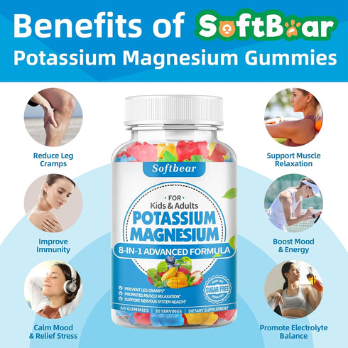 Softbear Sugar Free Potassium Magnesium Gummies for Adults & Kids, Supports Leg Cramps & Muscle Health, 120 Count