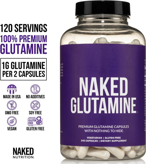 Naked L-Glutamine Muscle Recovery Capsules, 1000mg, 240 Count | Made in The USA, Non-GMO, Gluten and Soy Free