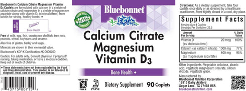 Bluebonnet Nutrition Calcium Citrate Magnesium Plus Vitamin D3 Caplets, Bone Health & Muscle Relaxation, Non GMO, Gluten, Soy & Milk Free, Kosher, White, 90 Count