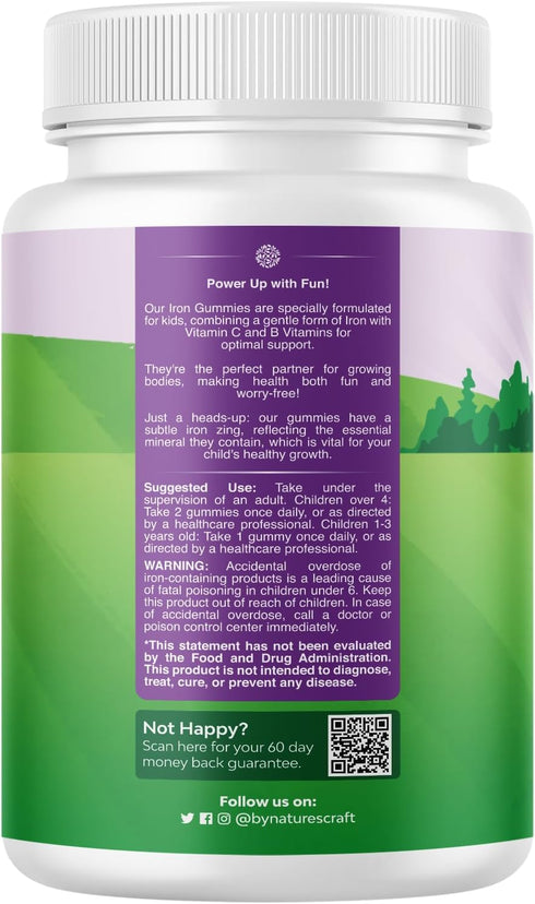 Tasty Kids Multivitamin with Iron Gummy - Gentle Iron Gummies for Kids and Toddlers with Vitamin C & B Complex - Non Constipating Iron Supplements for Kids - Vegan Non GMO & Gluten Free (60 Count)