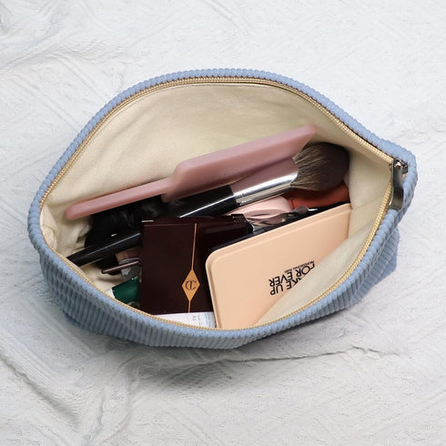 Wudygirl Makeup Bag, Portable Cosmetic Travel Bag for Women and Girls, Large Capacity Corduroy Toiletry Bag (Light Blue)