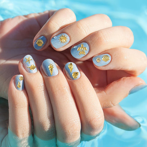 Ocean Theme Nail Art Charms - 3D Alloy Sea Beach Starfish Seashell Nail Gems Decoration Stickers, 12 Styles - Gold