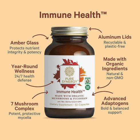 PURE SYNERGY Immune Health Mushroom Supplement, Astragalus and Beta-Glucan Extracts, 60 Capsules