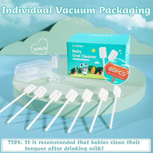 60PCS Baby Tongue Cleaner & 1PCS Finger Toothbrush, Disposable Infant Oral Clean Stick for 0-36 Month Baby