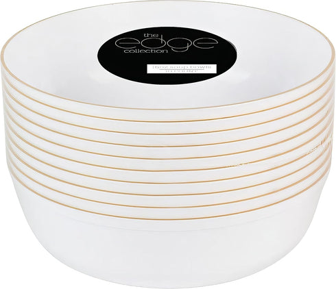 Blue Sky Edge Disposable Round Plastic Bowls, 16 oz (10 Count), White with Gold Rim for Parties and Events