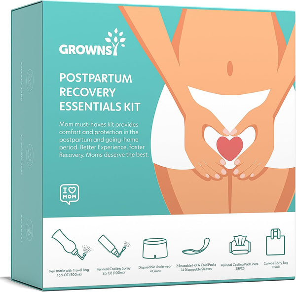 Grownsy Postpartum Essentials Recovery Kit for Labor & Delivery, Includes Peri Bottle, Perineal Spray, Ice Packs