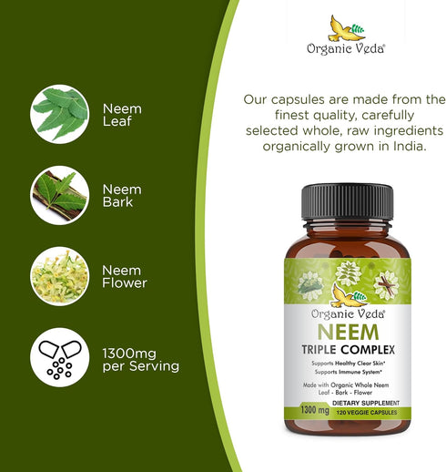 Organic Veda Neem Capsules, Triple Complex Neem Leaf Extract, 120 Count Herbal Supplement for Immunity & Skin Health