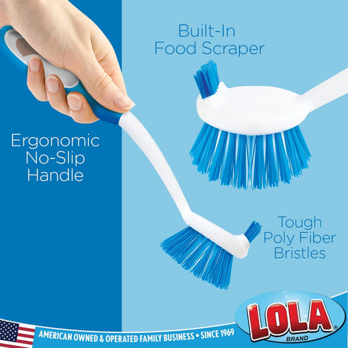 Lola Kitchen Scrubber Dish Brush, Poly Fiber Bristles, Built-in Food Scraper, Non-Slip Grip Handle, 4 Pack