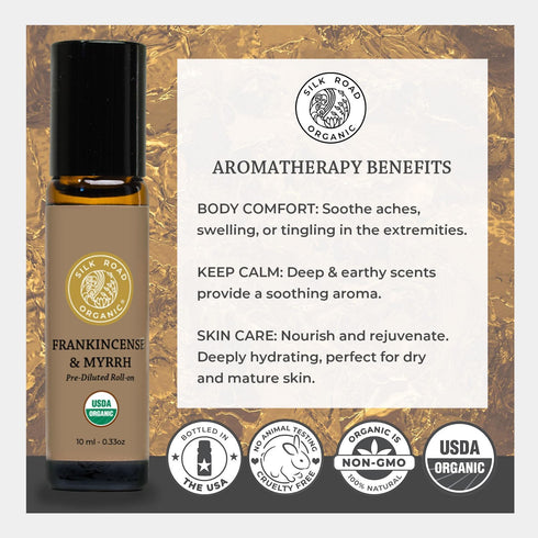 Organic Frankincense & Myrrh Essential Oil Roll On 10 ml - 100% Pure USDA Certified Aromatherapy for Stress Relief