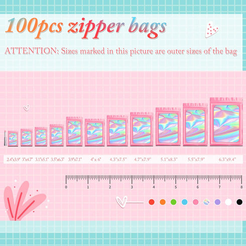 Funfery 100 pcs Pink Holographic Mylar Packaging Bags, Resealable Smell Proof Foil Pouch for Small Business (4x6In)
