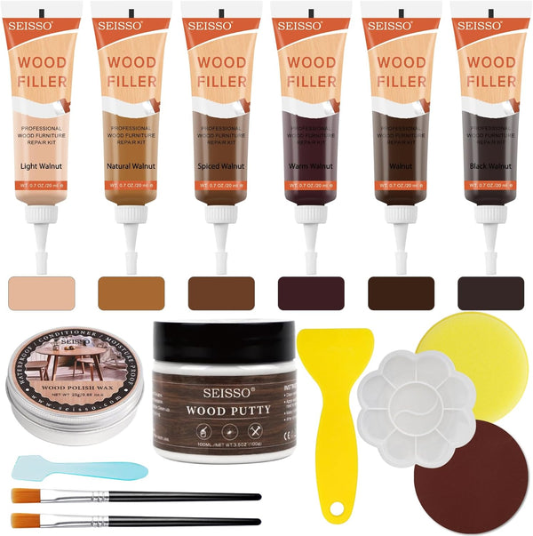 Wood Furniture Repair Kit 15Pcs - 6 Colors Wood Filler for Hardwood, Laminate, Vinyl Floor Repair