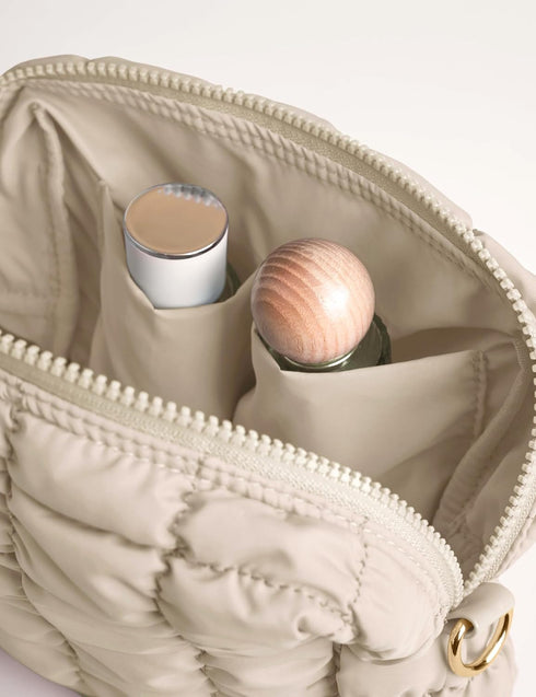 Quilted Makeup Bag, Travel Toiletry Bag for Women, Cute Puffer Makeup Organizer (M, Beige)