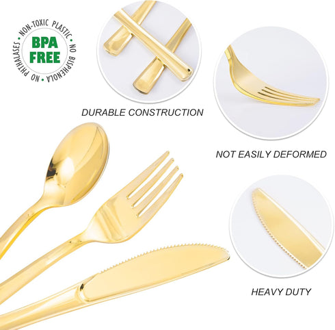 N9R 100PCS Gold Plastic Silverware Set, Disposable Cutlery - 50 Forks, 25 Spoons, 25 Knives
