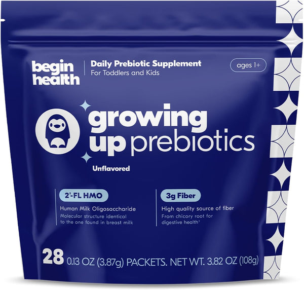 Begin Health Daily Growing Up Prebiotics 28-Pack, Kids Digestion Powder for Constipation, Fiber Rich with Chicory Root