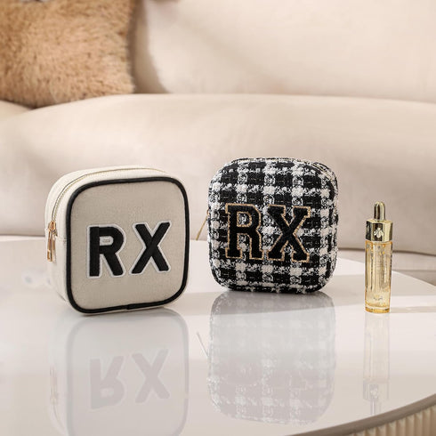 Personalized Small Canvas Cosmetic Bag, Cute Plaid Chenille Letter RX Drug Pouch with Zipper for Women and Girls