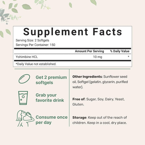 Double Strength Yohimbine Supplements for Men and Women, 10mg Per Serving, 300 Softgels, Yohimbine HCL with Virgin Sunflower Seed Oil for Better Absorption, Supports Energy Production, African Raw