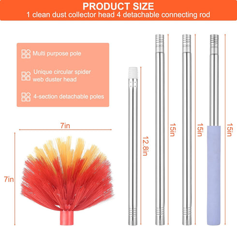 Cobweb Duster with Extension Pole, 59" Adjustable Stainless Steel Pole for High Ceilings and Home Cleaning