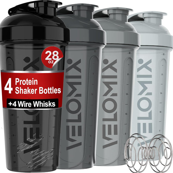 '-4 PACK- 28 oz Protein Shaker Bottle for Protein Mixes, Leak Proof Shaker Cups with 4x Wire Whisk