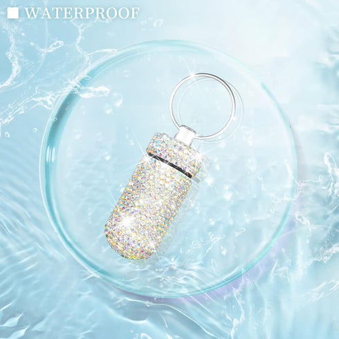 Bling Pill Case Rhinestone Pill Box Portable Waterproof Holder with Keychain for Travel, Outdoor, Camping (AB Color)