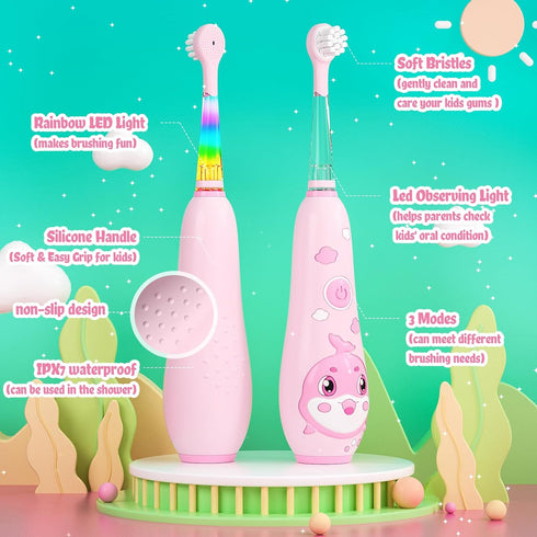 SEAGO Kids Electric Toothbrushes - Rechargeable Power Toothbrush with Magnetic Charging, 8 Toothbrush Heads (Pink)