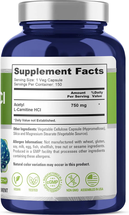 NusaPure Acetyl L-Carnitine - 750mg per Capsule, 150 Veggie Capsules (Non-GMO, Vegan), High Potency Acetyl L Carnitine