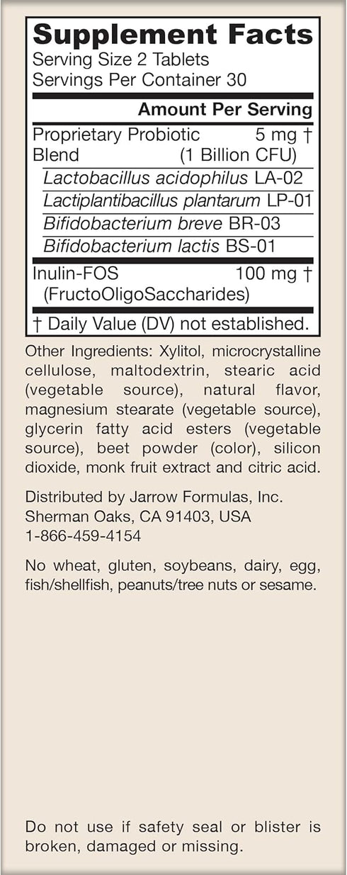 Jarrow Formulas Jarro-Dophilus Kids Probiotics, 60 Sugar-Free Raspberry-Flavored Chewable Tablets, 1 Billion CFU