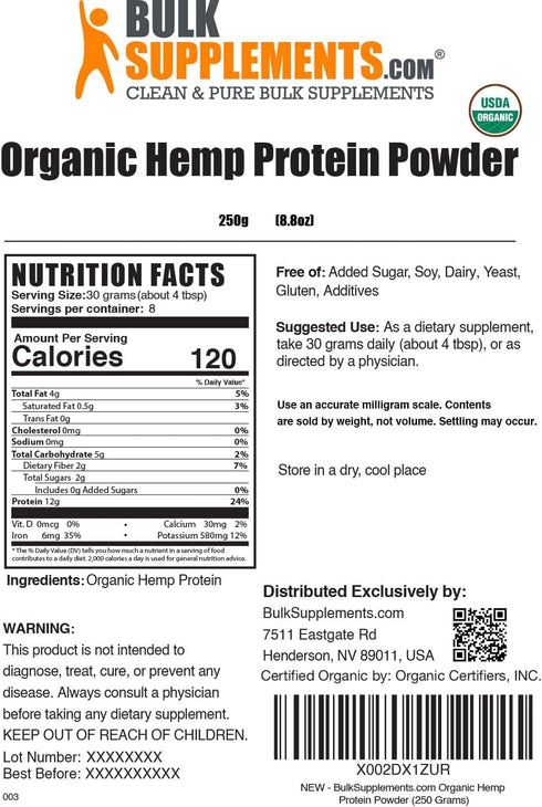 BulkSupplements.com Organic Hemp Seed Powder - Vegan Protein Powder - Unsweetened Protein Powder - Superfood Protein Powder (250 Grams - 8.8 oz)