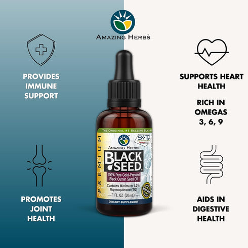 Amazing Herbs Premium Black Seed Oil - Gluten Free, Non GMO, Cold Pressed Nigella Sativa Aids in Digestive Health, Immune Support, Brain Function - 1 Fl Oz (Pack of 3)