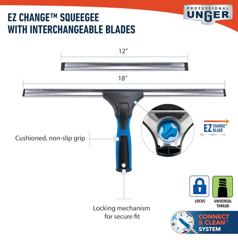 Unger Professional 18” EZ Change Window & Glass Cleaning Squeegee - Streak Free Results for Large and Small Windows