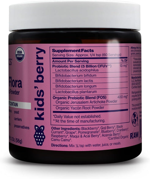 Friendlier Flora - Kids' Berry Probiotic Powder, 5 billion CFUs, 5 Probiotic Strains, Daily Probiotic Supplement for Kids, Non-GMO, Dairy-Free and Gluten Free, 2 Ounce