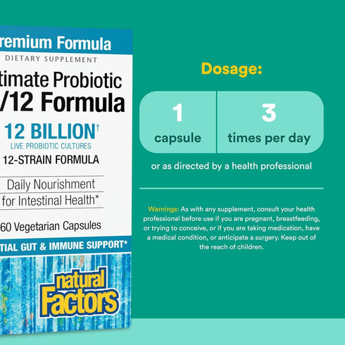 Natural Factors Ultimate Probiotic 12/12 Formula, 60 Vegetarian Capsules, 12 Strains, 12 Billion CFU, Daily Digestive