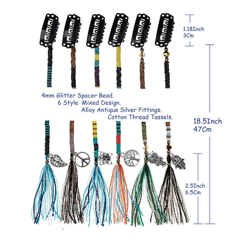 minihope 21 Inch Bright Spacer Bead Hair Wrap Set - 6 Styles with Tassels, Hair Clips, and Retro Charm for Women and