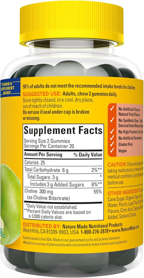 Nature Made Choline Supplements, 40 Vegan Gummies - Supports Liver Health, Nervous System & Brain Health