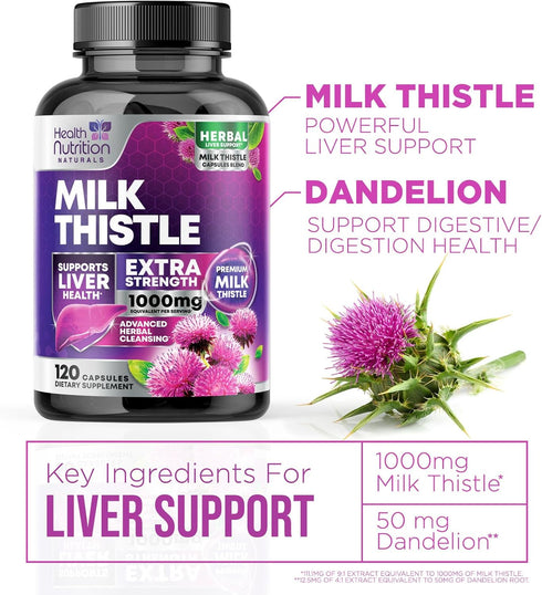 Milk Thistle Supplement 1000mg | 120 Capsules | Liver Cleanse Detox & Repair Formula with Herbal Extracts