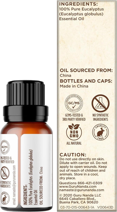 GuruNanda Eucalyptus Essential Oil - 100% Pure, Natural, Undiluted Aromatherapy Oil for Diffusers - Aids in Congestion