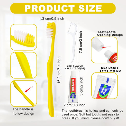 30pcs Disposable Toothbrushes with Toothpaste and Floss, Yellow Bulk Kit for Homeless, Airbnb, Hotel, and Guest Use
