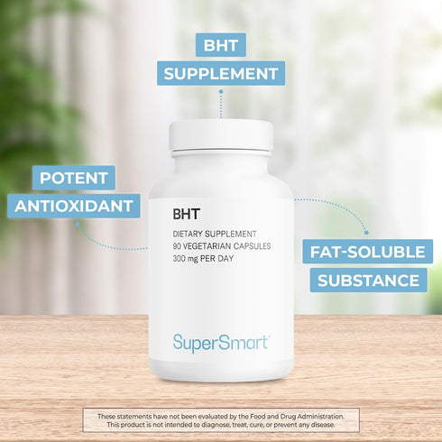 Supersmart BHT Supplement 300mg - Butylated Hydroxytoluene | Non-GMO & Gluten Free - 90 Vegetarian Capsules