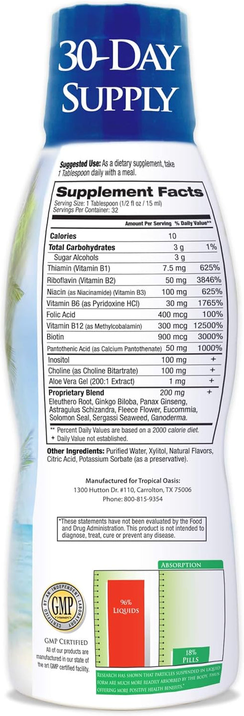 Premium Liquid B Complex Vitamin- Fast Absorbing Liquid B-Complex Supplement w/ all 8 B-vitamins, PLUS energizing herbal blend w/ Ginseng, Ginkgo, and Eleuthero Root - Vegan, NON-GMO - 16oz, 32 Serv