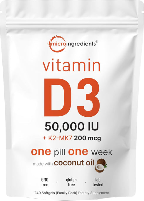 Micro Ingredients Vitamin D3 50,000 IU Plus K2 (MK-7) 200 mcg - 240 Virgin Coconut Oil Softgels, 2 in 1 Vitamins D & K
