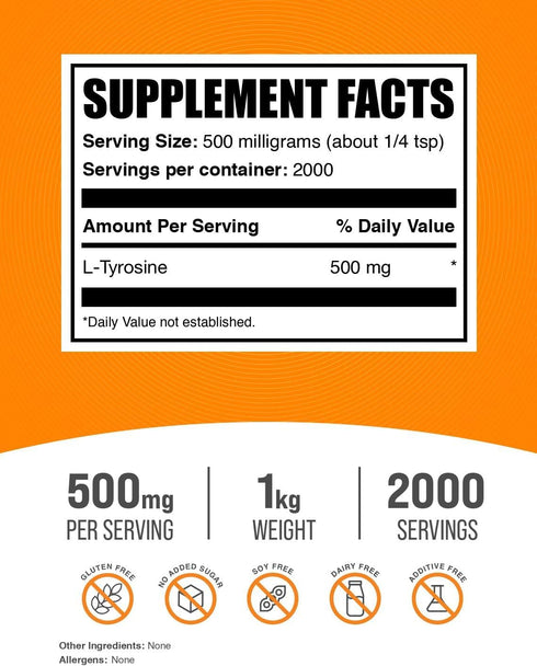 BulkSupplements.com L-Tyrosine Powder - Tyrosine Supplement, Unflavored & Gluten Free - 500mg per Serving, 1kg